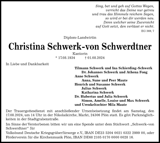 Traueranzeige von Christina Schwerk von Schwerdtner von Kieler Nachrichten