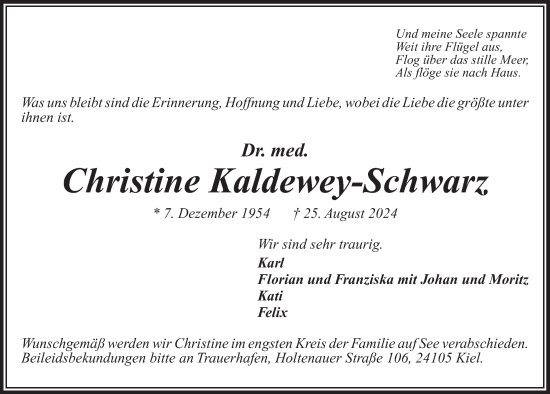 Traueranzeige von Christine Kaldewey-Schwarz von Kieler Nachrichten