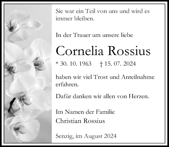 Traueranzeige von Cornelia Rossius von Märkischen Allgemeine Zeitung