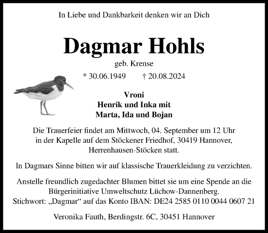 Traueranzeige von Dagmar Hohls von Hannoversche Allgemeine Zeitung/Neue Presse