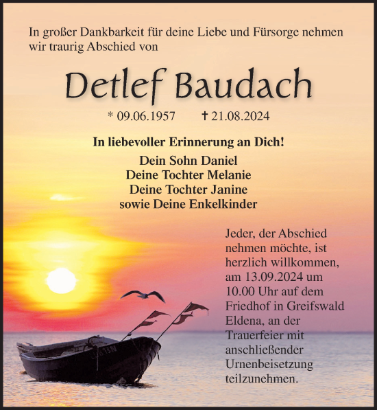 Traueranzeige von Detlef Baudach von Ostsee-Zeitung GmbH