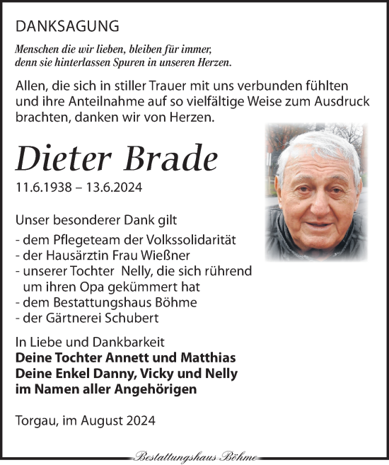 Traueranzeige von Dieter Brade von Torgauer Zeitung