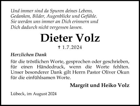 Traueranzeige von Dieter Volz von Lübecker Nachrichten