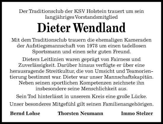 Traueranzeige von Dieter Wendland von Kieler Nachrichten