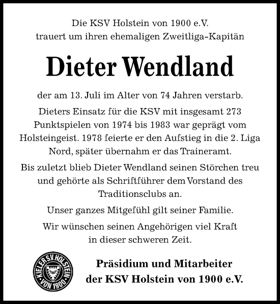 Traueranzeige von Dieter Wendland von Kieler Nachrichten