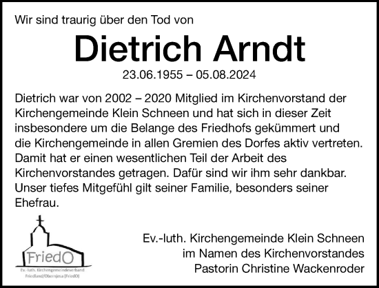 Traueranzeige von Dietrich Arndt von Göttinger Tageblatt