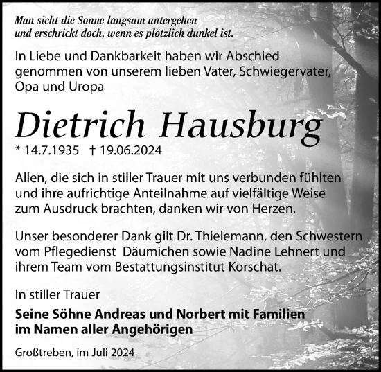 Traueranzeige von Dietrich Hausburg von Torgauer Zeitung