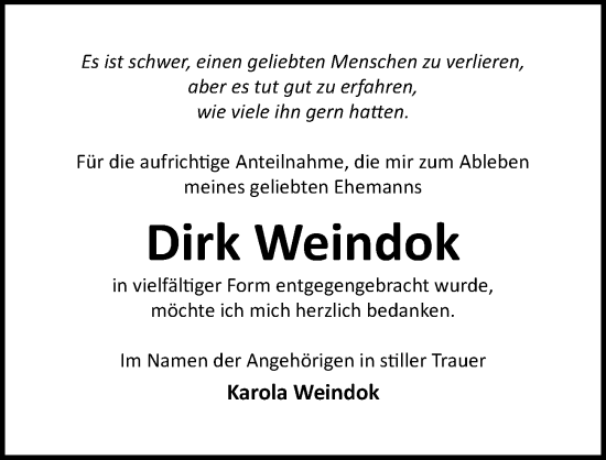 Traueranzeige von Dirk Weindok von Ostsee-Zeitung GmbH