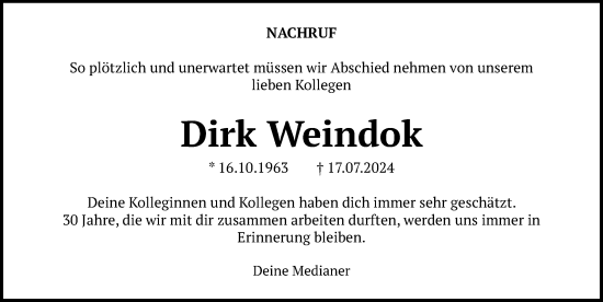 Traueranzeige von Dirk Weindok von Ostsee-Zeitung GmbH