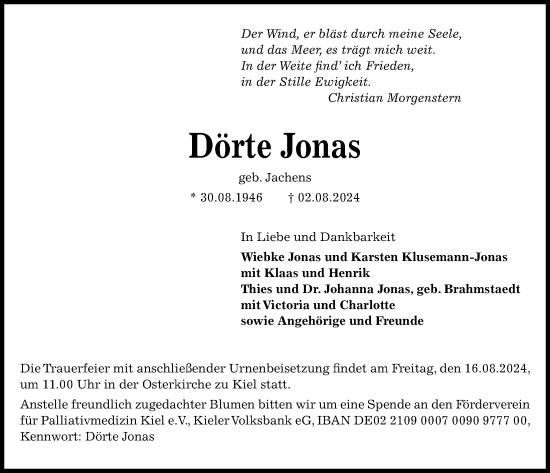 Traueranzeige von Dörte Jonas von Kieler Nachrichten