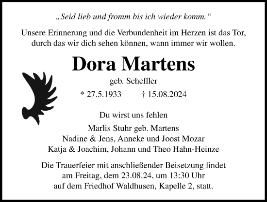 Traueranzeige von Dora Martens von Lübecker Nachrichten