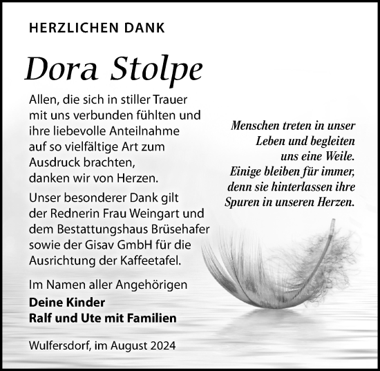 Traueranzeige von Dora Stolpe von Wochenspiegel