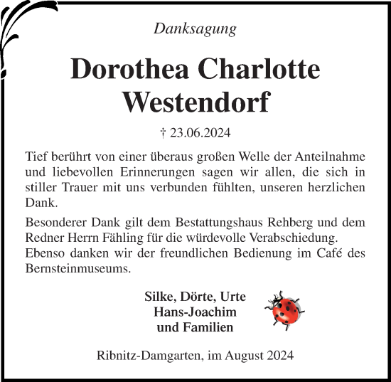 Traueranzeige von Dorothea Charlotte Westendorf von Ostsee-Zeitung GmbH