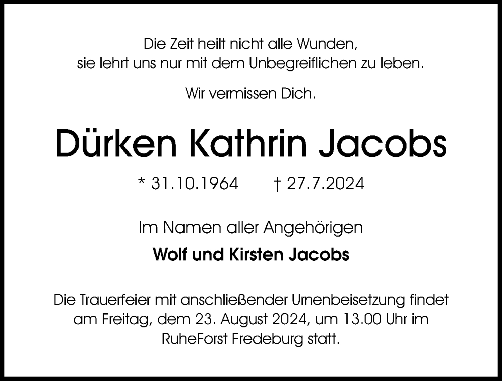  Traueranzeige für Dürken Kathrin Jacobs vom 04.08.2024 aus Lübecker Nachrichten