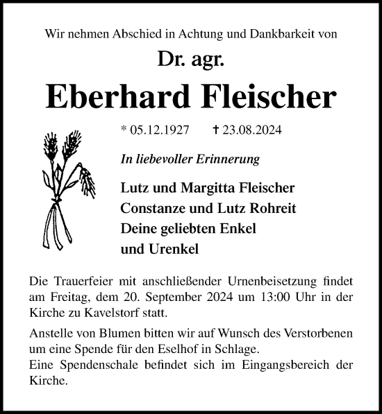 Traueranzeige von Eberhard Fleischer von Ostsee-Zeitung GmbH