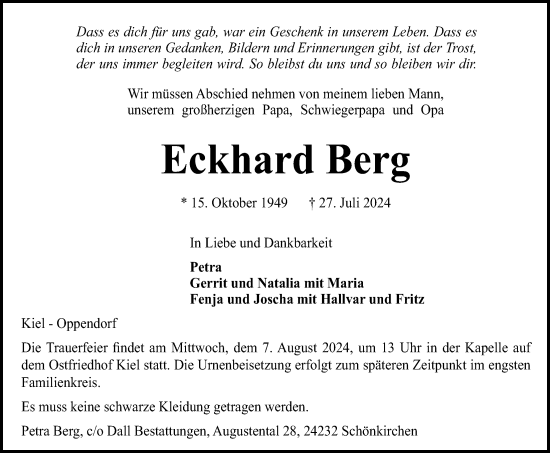 Traueranzeige von Eckhard Berg von Kieler Nachrichten