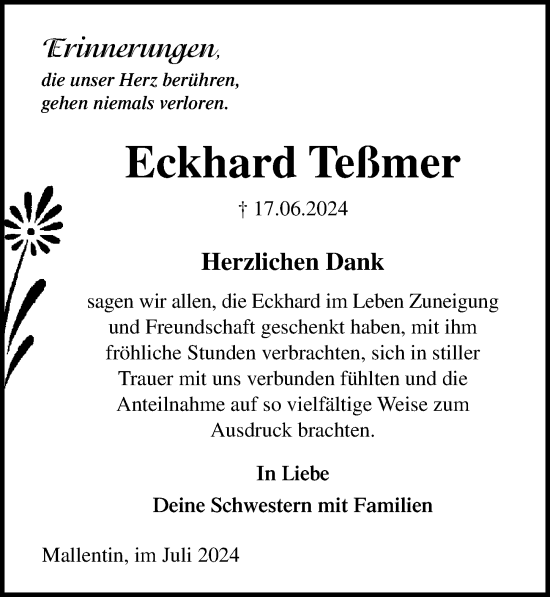 Traueranzeige von Eckhard Teßmer von Ostsee-Zeitung GmbH