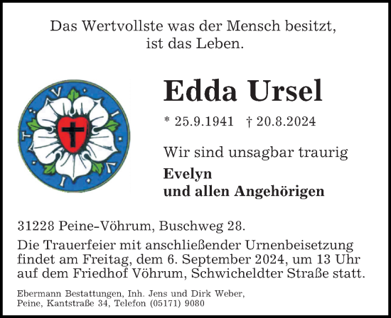 Traueranzeige von Edda Ursel von Peiner Allgemeine Zeitung