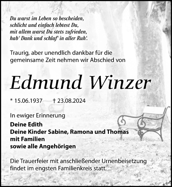 Traueranzeige von Edmund Winzer von Leipziger Volkszeitung