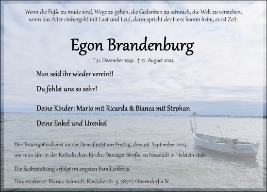 Traueranzeige von Egon Brandenburg von Lübecker Nachrichten