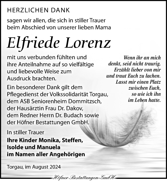 Traueranzeige von Elfriede Lorenz von Torgauer Zeitung