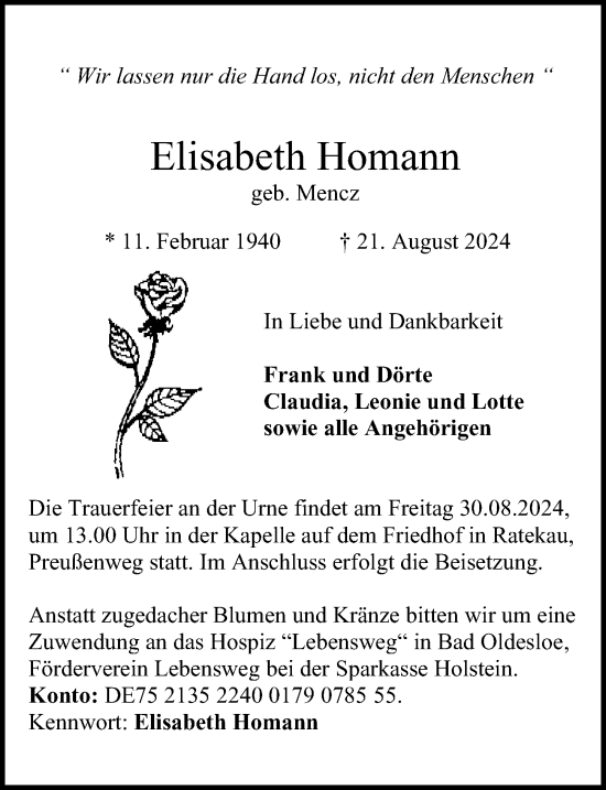 Traueranzeige von Elisabeth Homann von Lübecker Nachrichten