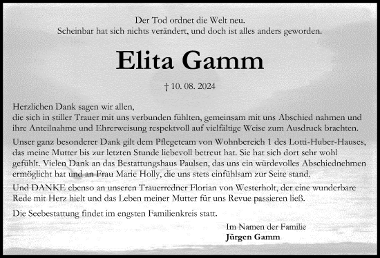 Traueranzeige von Elita Gamm von Kieler Nachrichten