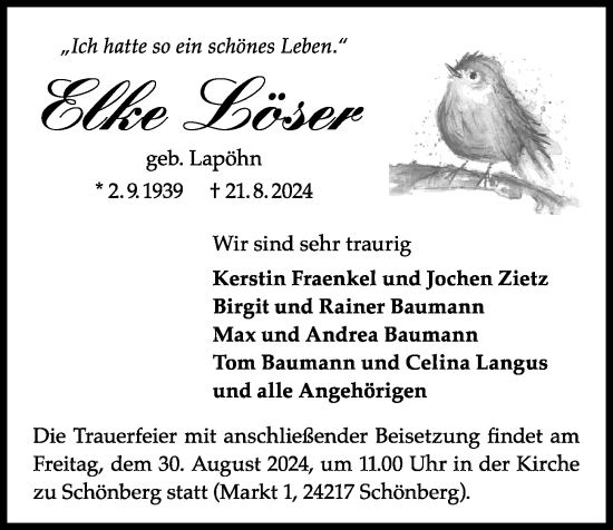 Traueranzeige von Elke Löser von Kieler Nachrichten