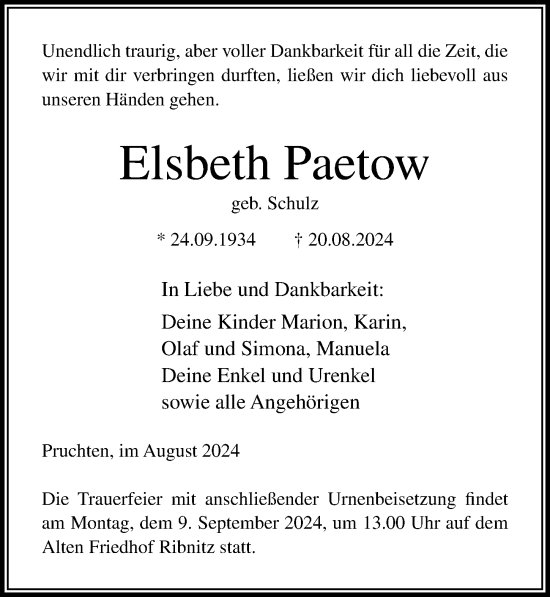 Traueranzeige von Elsbeth Paetow von Ostsee-Zeitung GmbH