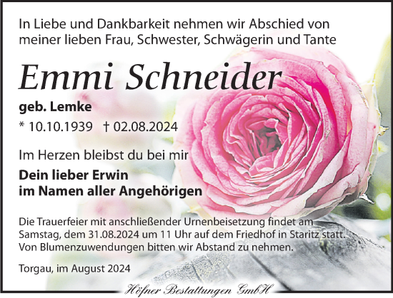 Traueranzeige von Emmi Schneider von Torgauer Zeitung