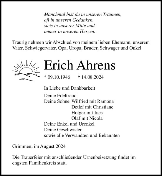 Traueranzeige von Erich Ahrens von Ostsee-Zeitung GmbH