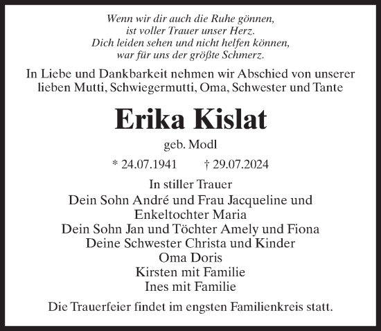 Traueranzeige von Erika Kislat von Märkischen Allgemeine Zeitung