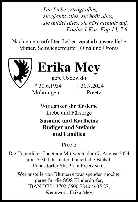 Traueranzeige von Erika Mey von Kieler Nachrichten