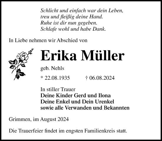 Traueranzeige von Erika Müller von Ostsee-Zeitung GmbH