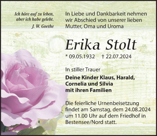 Traueranzeige von Erika Stolt von Märkischen Allgemeine Zeitung