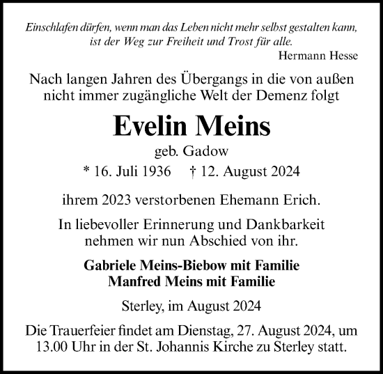 Traueranzeige von Evelin Meins von Lübecker Nachrichten