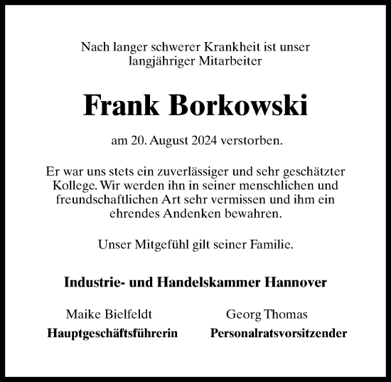 Traueranzeige von Frank Borkowski von Hannoversche Allgemeine Zeitung/Neue Presse