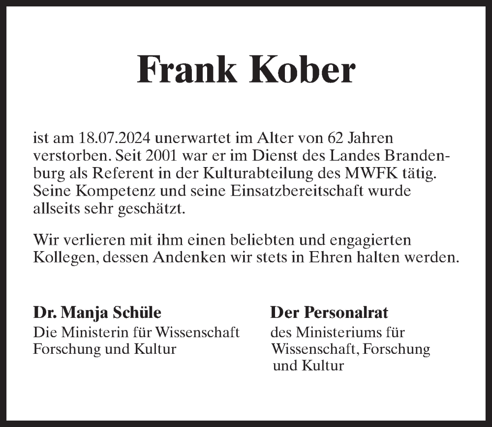  Traueranzeige für Frank Kober vom 03.08.2024 aus Märkischen Allgemeine Zeitung