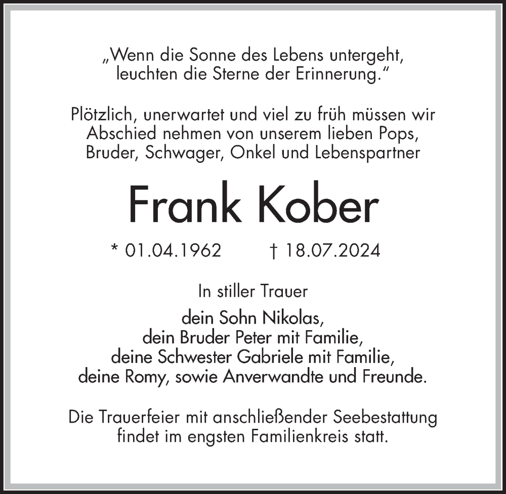  Traueranzeige für Frank Kober vom 03.08.2024 aus Märkischen Allgemeine Zeitung