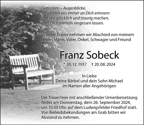 Traueranzeige von Franz Sobeck von Märkischen Allgemeine Zeitung