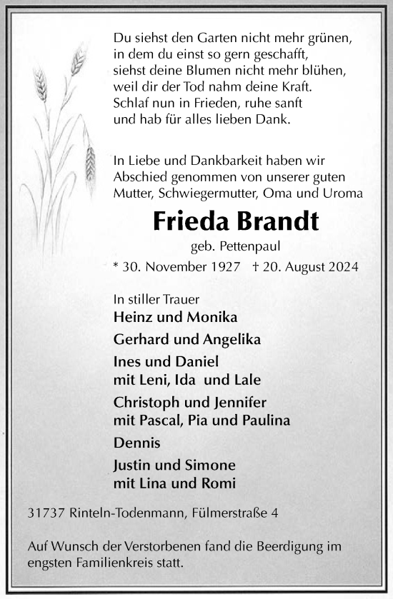 Traueranzeige von Frieda Brandt von Schaumburger Nachrichten und Schaumburger Zeitung/ Landes-Zeitung