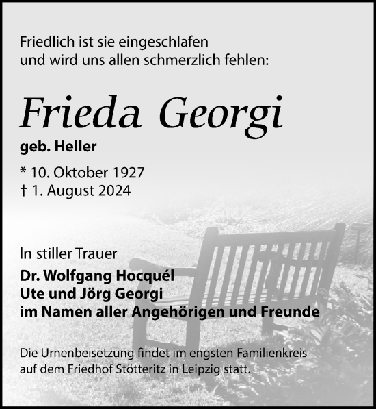 Traueranzeige von Frieda Georgi von Leipziger Volkszeitung