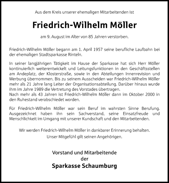 Traueranzeige von Friedrich-Wilhelm Möller von Schaumburger Nachrichten und Schaumburger Zeitung/ Landes-Zeitung