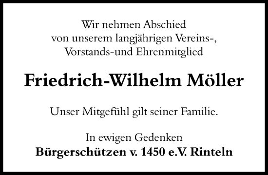 Traueranzeige von Friedrich-Wilhelm Möller von Schaumburger Nachrichten und Schaumburger Zeitung/ Landes-Zeitung