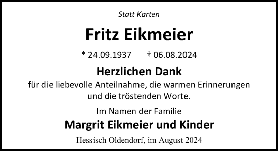 Traueranzeige von Fritz Eikmeier von Schaumburger Zeitung/ Landes-Zeitung