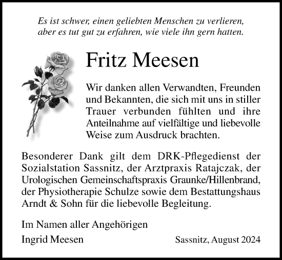 Traueranzeige von Fritz Meesen von Ostsee-Zeitung GmbH