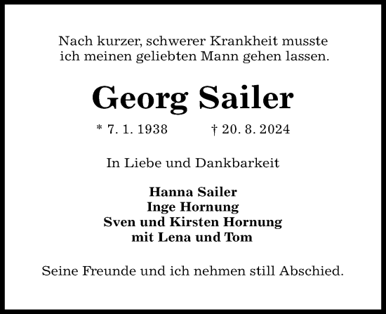 Traueranzeige von Georg Sailer von Kieler Nachrichten