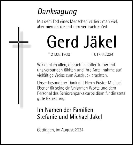Traueranzeige von Gerd Jäkel von Göttinger Tageblatt