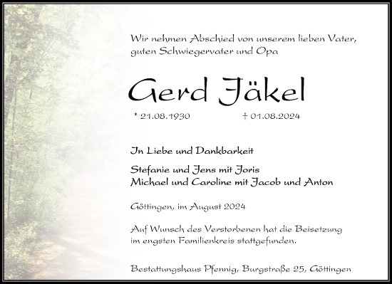 Traueranzeige von Gerd Jäkel von Göttinger Tageblatt