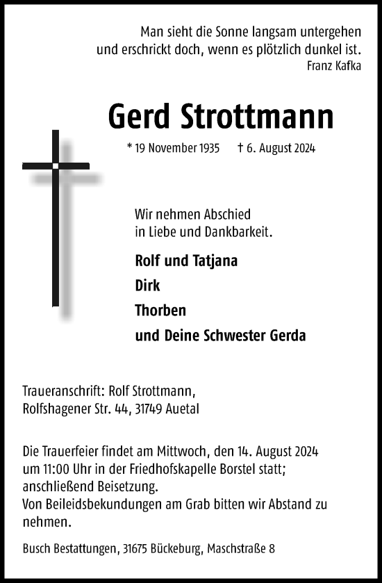 Traueranzeige von Gerd Strottmann von Schaumburger Nachrichten und Schaumburger Zeitung/ Landes-Zeitung